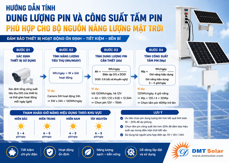 Hướng dẫn t&iacute;nh dung lượng pin v&agrave; c&ocirc;ng suất tấm pin