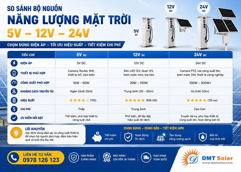 Bộ nguồn năng lượng mặt trời 5V, 12V v&agrave; 24V