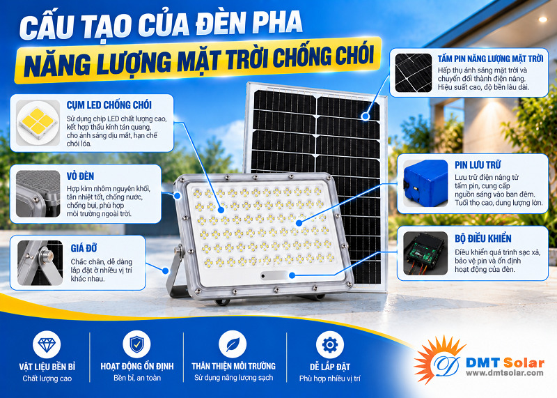 Cấu tạo của đ&egrave;n pha năng lượng mặt trời chống l&oacute;a