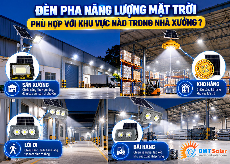 Bạn c&oacute; thể sử dụng đ&egrave;n pha năng lượng mặt trời cho vị tr&iacute; b&ecirc;n trong nh&agrave; xưởng