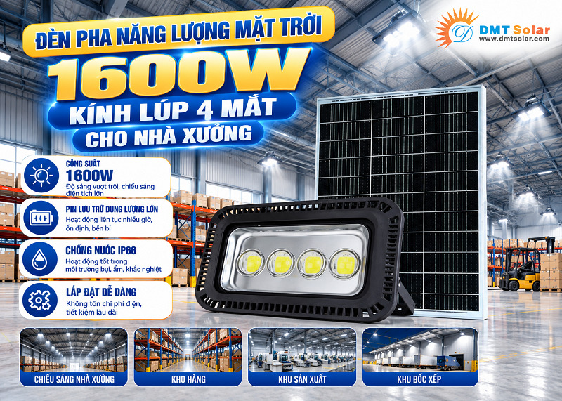 Đ&egrave;n pha năng lượng mặt trời 1600W k&iacute;nh l&uacute;p 4 mắt th&iacute;ch hợp lắp đặt cho s&acirc;n kho nh&agrave; xưởng