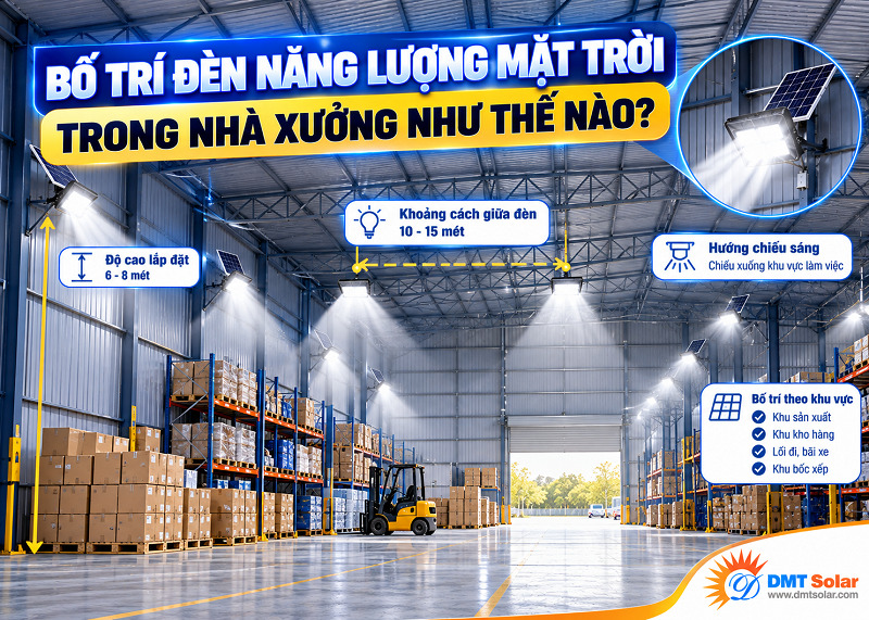 Bố tr&iacute; đ&egrave;n năng lượng mặt trời trong nh&agrave; xưởng phải đảm bảo chiều cao từ 4m - 8m