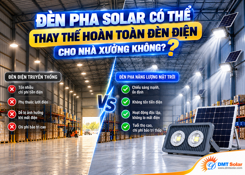 Đ&egrave;n pha solar ho&agrave;n to&agrave;n c&oacute; khả năng thay thế đ&egrave;n điện truyền thống cho nh&agrave; xưởng