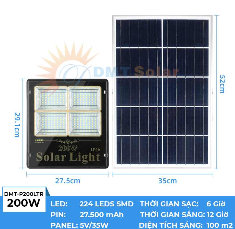 kích thước Đèn pha năng lượng mặt trời 200W giá rẻ DMT-P200LTR