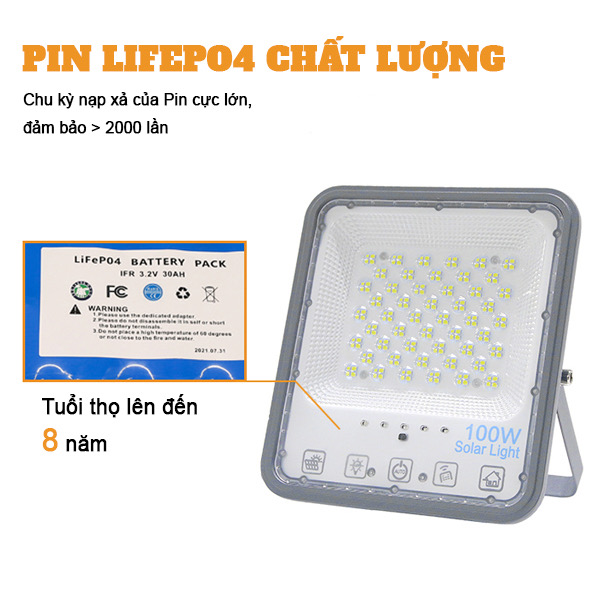 Pin Lifepo4 đèn pha năng lượng mặt trời 100w