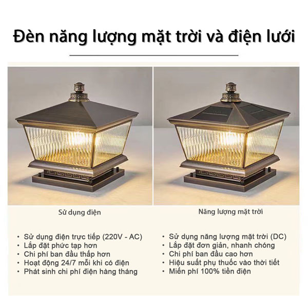 So sánh đèn trụ cổng bằng đồng năng lượng mặt trời và trụ cổng điện