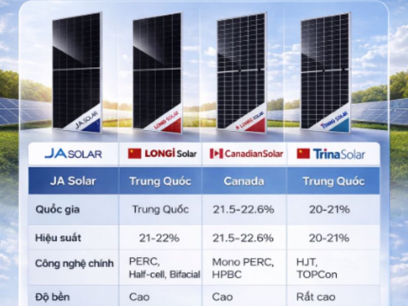 So s&aacute;nh pin mặt trời JA Solar với c&aacute;c thương hiệu h&agrave;ng đầu
