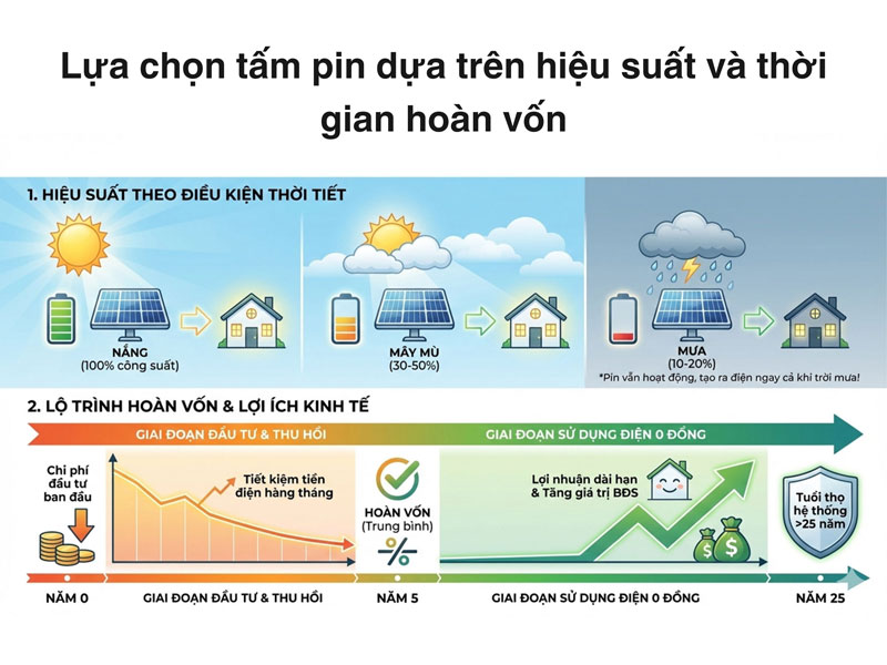 N&ecirc;n mua tấm pin năng lượng mặt trời h&atilde;ng n&agrave;o c&oacute; hiệu suất tốt v&agrave; thời gian ho&agrave;n vốn nhanh