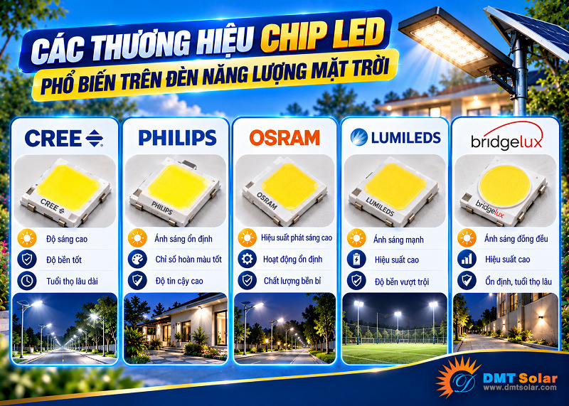 Tr&ecirc;n thị trường c&oacute; nhiều loại chip LED đ&egrave;n năng lượng mặt trời phổ biến