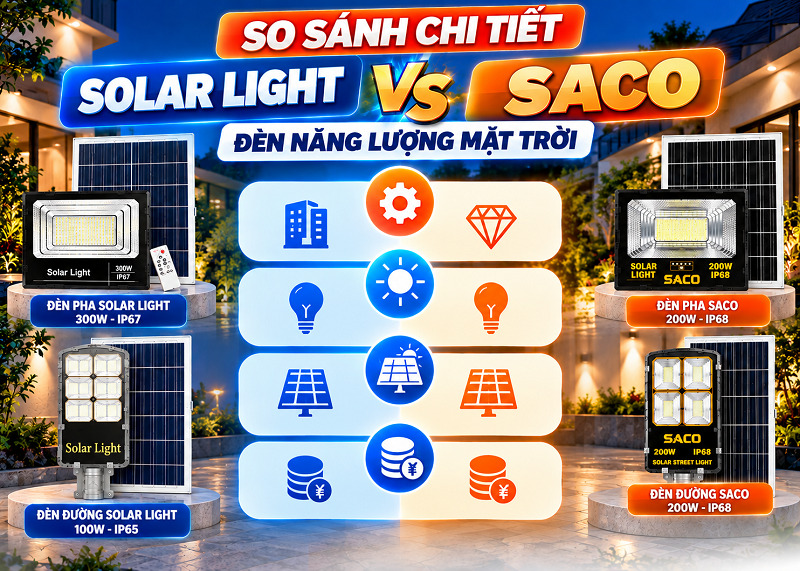 So s&aacute;nh đ&egrave;n năng lượng mặt trời Solar Light v&agrave; SACO