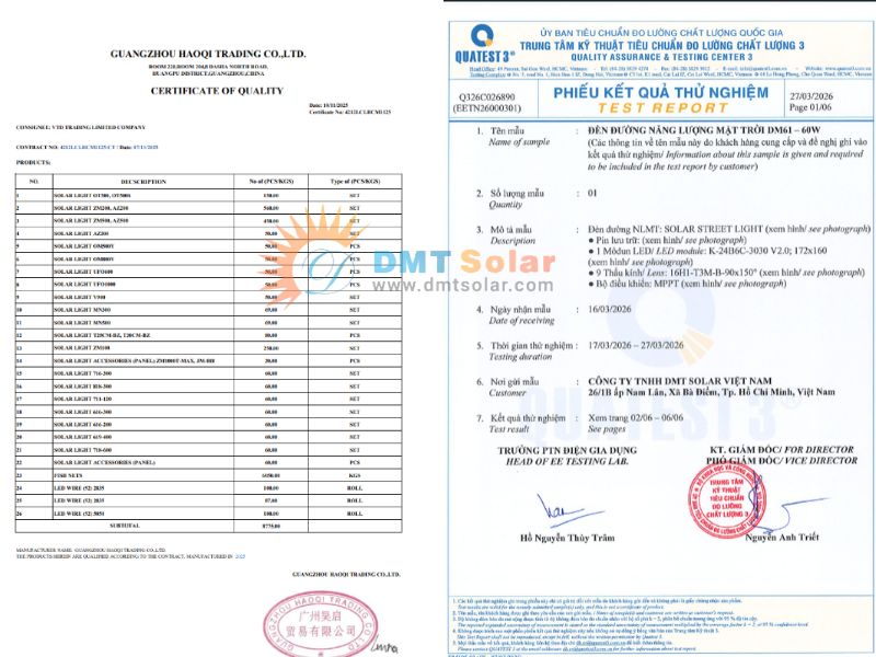 Chứng chỉ Quatest, CO-CQ của đ&egrave;n NLMT Saco
