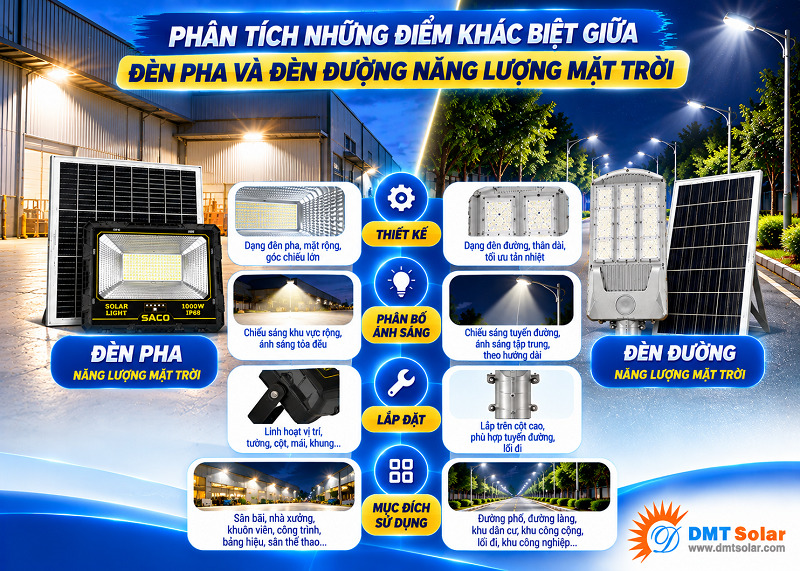 Đ&egrave;n pha c&oacute; chiều cao lắp đặt thấp hơn so với đ&egrave;n đường năng lượng mặt trời