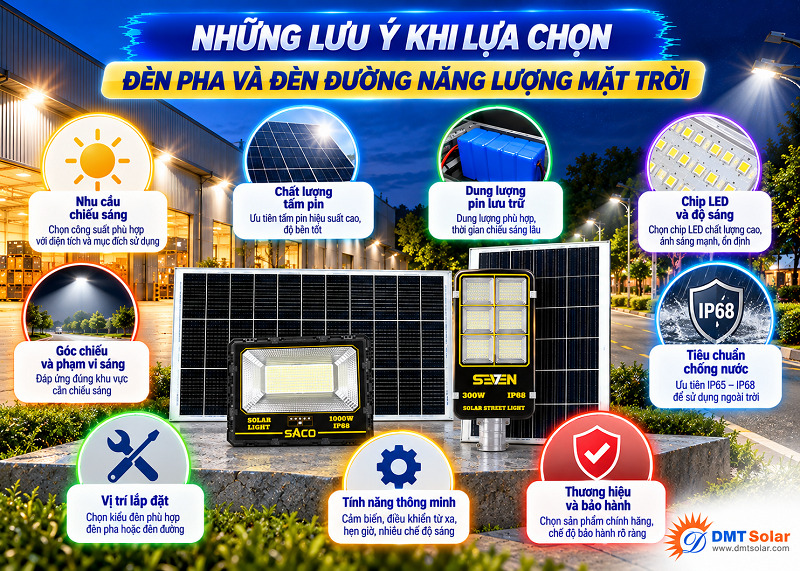 Khi chọn đ&egrave;n pha hay đ&egrave;n đường năng lượng mặt trời cần ch&uacute; &yacute; đến dung lượng pin