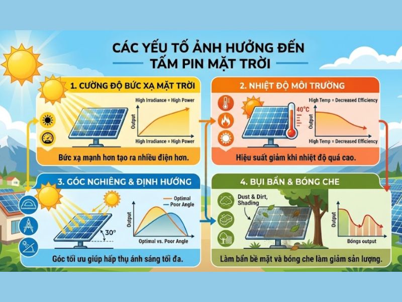 Yếu tố l&agrave;m ảnh hưởng đến hiệu suất tấm pin mặt trời