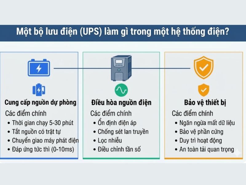 Bộ lưu điện ups d&ugrave;ng để l&agrave;m g&igrave; trong hệ thống điện?
