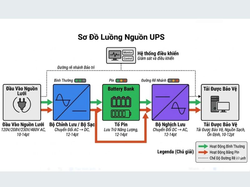 Nguy&ecirc;n l&yacute; hoạt động chung của một bộ m&aacute;y UPS l&agrave; g&igrave;?