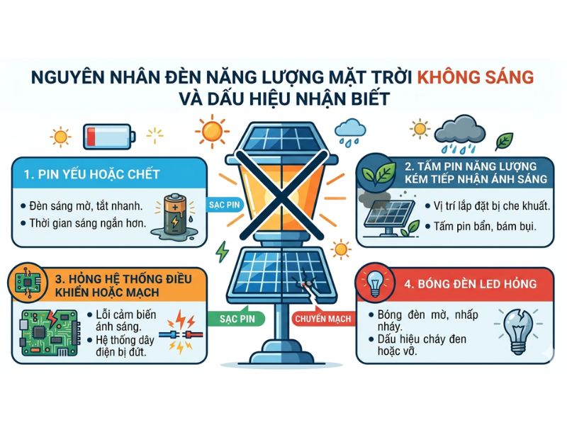 Nguyên nhân đèn năng lượng mặt trời không sáng