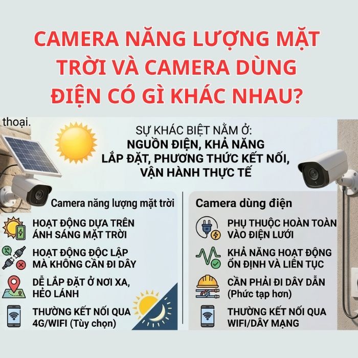 Camera năng lượng mặt trời và camera dùng điện khác nhau ở nguồn điện và khả năng lắp đặt