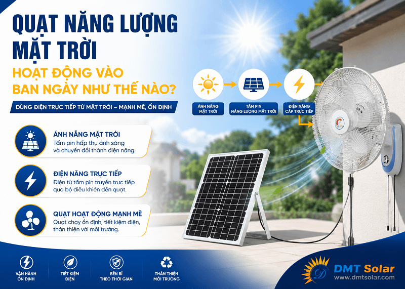 Quạt năng lượng mặt trời hoạt động v&agrave;o ban ng&agrave;y