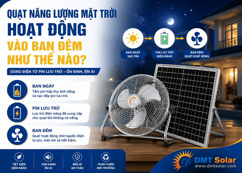 Quạt năng lượng mặt trời hoạt động v&agrave;o ban đ&ecirc;m