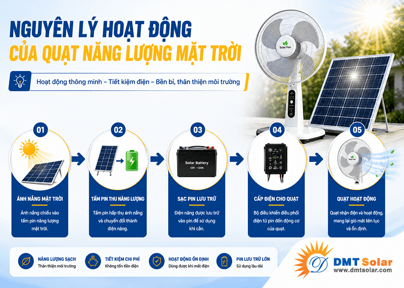 Nguy&ecirc;n l&yacute; hoạt động của quạt năng lượng mặt trời được vận h&agrave;nh dựa tr&ecirc;n hiệu ứng quang điện