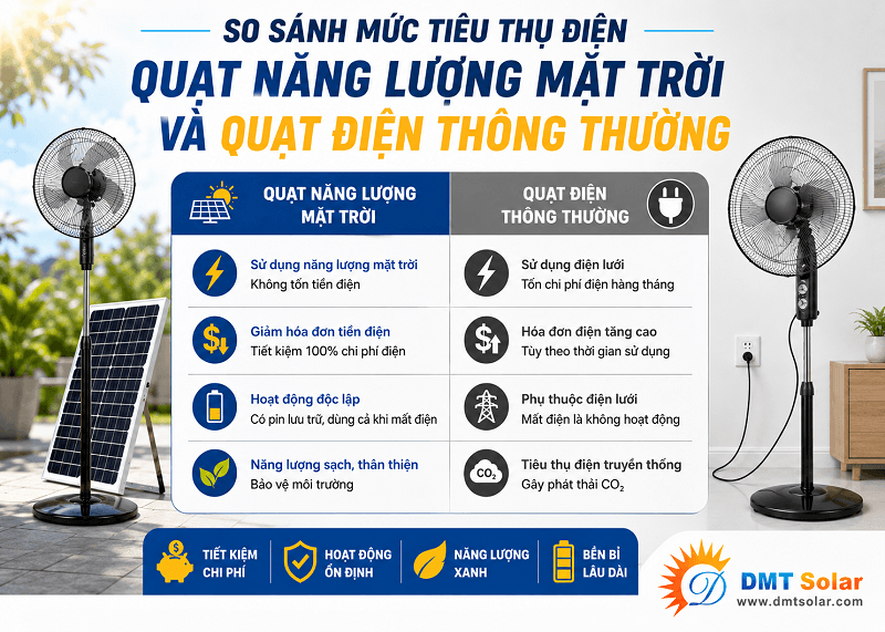 Mức ti&ecirc;u thụ điện giữa quạt năng lượng mặt trời v&agrave; quạt điện