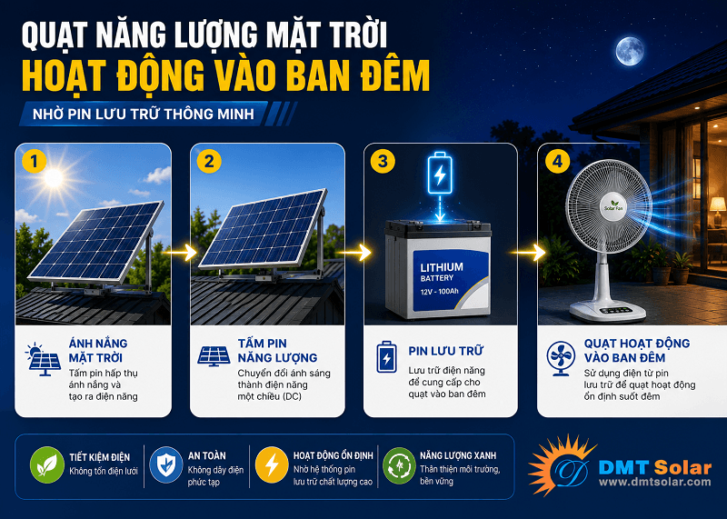 Khi trời tối quạt sẽ chuyển đổi nguồn cấp điện v&agrave; vận h&agrave;nh dộng cơ