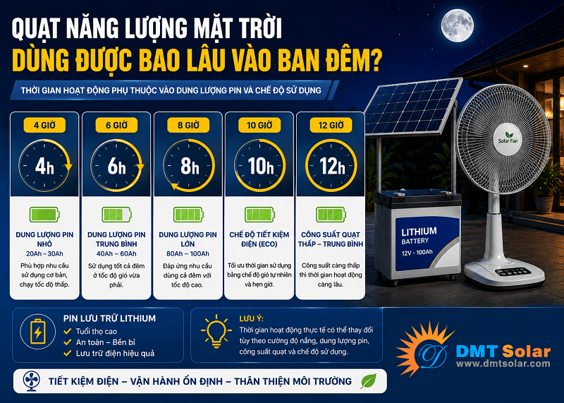 Thời gian hoạt động v&agrave;o ban đ&ecirc;m sẽ dao động từ 6-12 tiếng li&ecirc;n tục sau mỗi lần được sạc đầy