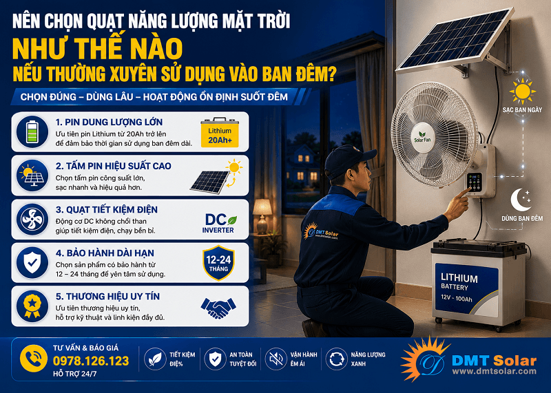 N&ecirc;n chọn quạt năng lượng mặt trời dựa v&agrave;o yếu tố dung lượng, động cơ, thương hiệu,...