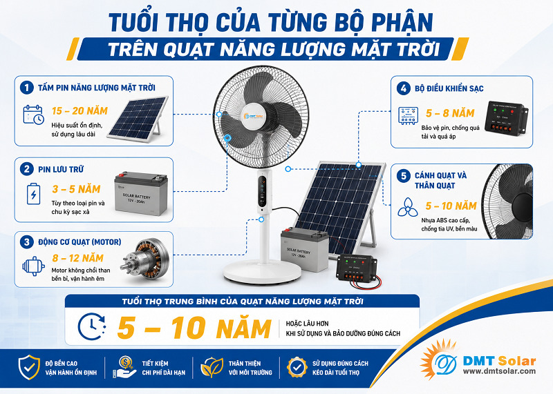 Tuổi thọ của c&aacute;nh quạt năng lượng mặt trời đạt 5 - 8 năm