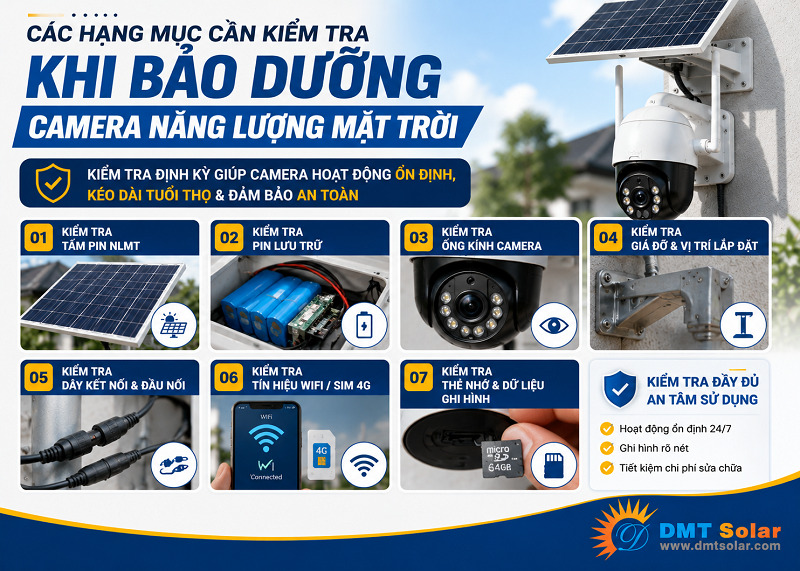 C&aacute;c hạng mục cần kiểm tra khi bảo dưỡng camera x&agrave;i năng lượng mặt trời