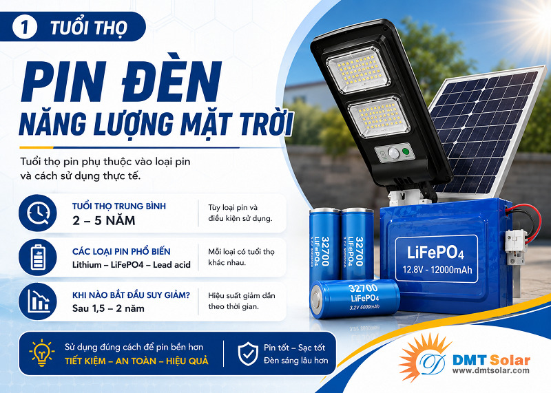 Tuổi thọ pin đ&egrave;n năng lượng mặt trời k&eacute;o d&agrave;i từ 2-10 năm