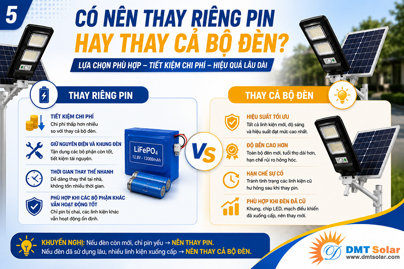 Việc quyết định thay pin hoặc thay lu&ocirc;n cả bộ đ&egrave;n nh&igrave;n chung c&ograve;n phụ thuộc v&agrave;o nhiều yếu tố