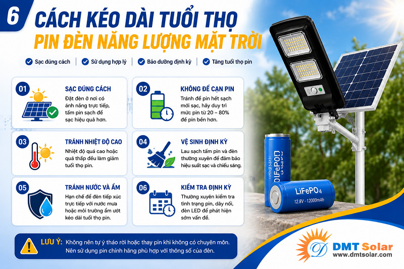 C&aacute;ch k&eacute;o d&agrave;i tuổi thọ pin đ&egrave;n năng lượng mặt trời