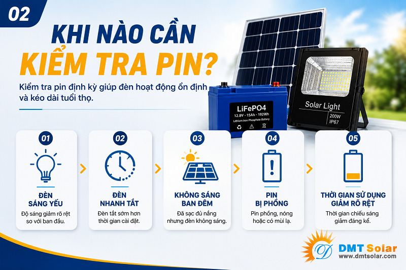 Bạn n&ecirc;n kiểm tra pin đ&egrave;n năng lượng mặt trời định kỳ 6 - 12 th&aacute;ng/lần