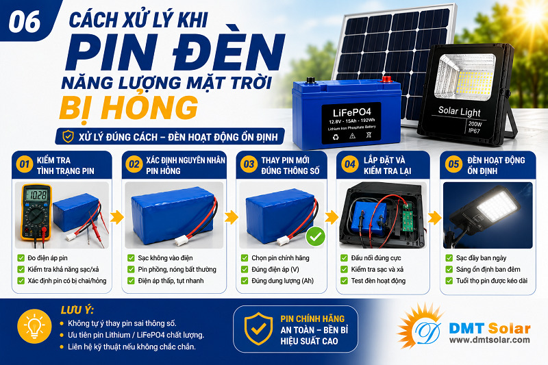 C&aacute;ch xử l&yacute; khi pin đ&egrave;n năng lượng mặt trời bị hỏng đ&oacute; l&agrave; thay pin mới