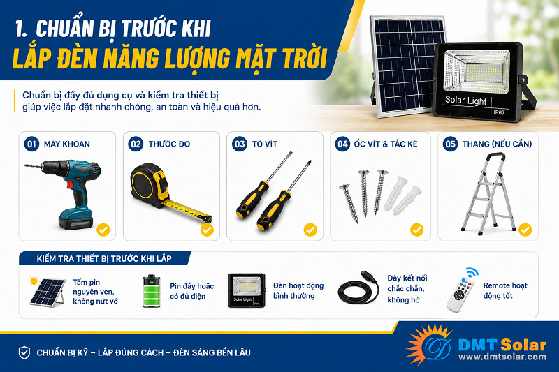 C&aacute;c dụng cụ cần chuẩn bị để lắp đ&egrave;n NLMT