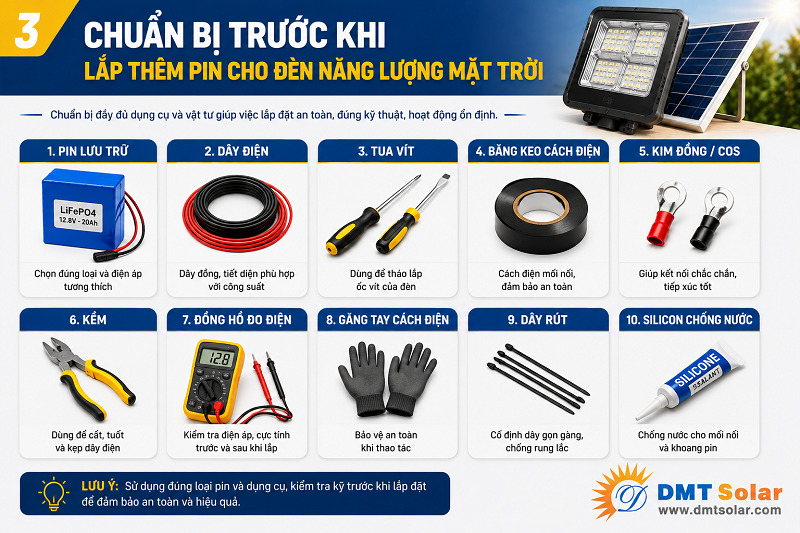 Chuẩn bị trước khi lắp th&ecirc;m pin cho đ&egrave;n NLMT