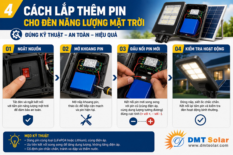 06 bước lắp th&ecirc;m pin cho đ&egrave;n năng lượng mặt trời