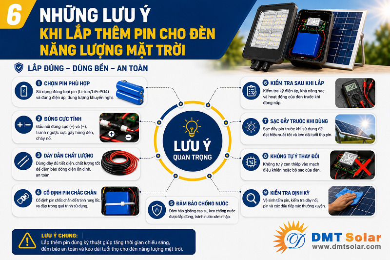 Lưu &yacute; một số kỹ thuật khi lắp th&ecirc;m pin cho đ&egrave;n năng lượng mặt trời