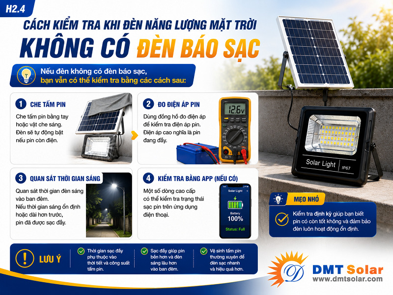 C&aacute;ch kiểm tra khi đ&egrave;n năng lượng mặt trời kh&ocirc;ng c&oacute; đ&egrave;n b&aacute;o sạc