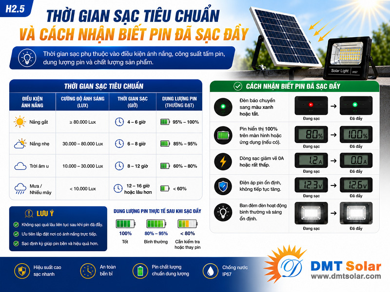 Thời gian sạc pin ti&ecirc;u chuẩn của đ&egrave;n năng lượng mặt trời l&agrave; 6 - 8 giờ