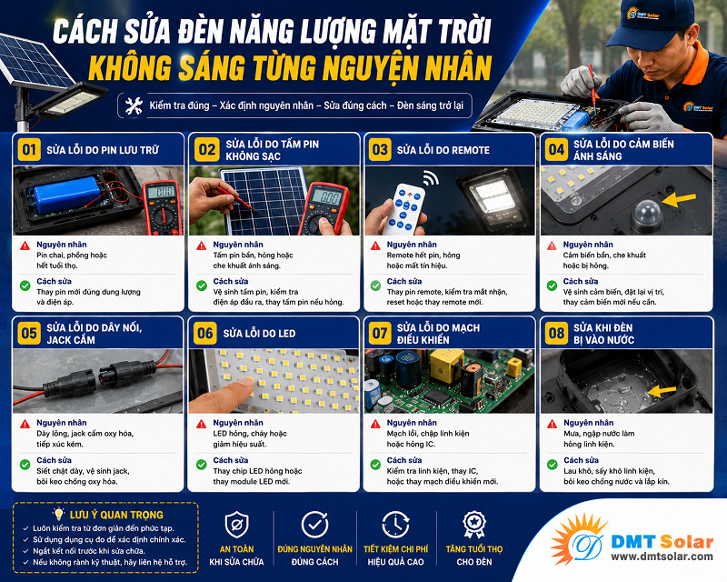 Tổng hợp C&aacute;ch sửa đ&egrave;n NLMT kh&ocirc;ng s&aacute;ng từng nguy&ecirc;n nh&acirc;n