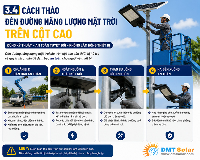 Th&aacute;o đ&egrave;n năng lượng mặt trời tr&ecirc;n cột cần c&oacute; 2 người thực hiện