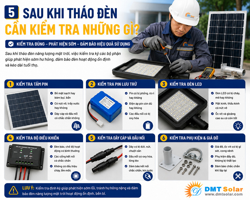 Kiểm tra tổng thể thiết bị trước khi th&aacute;o đ&egrave;n năng lượng mặt trời
