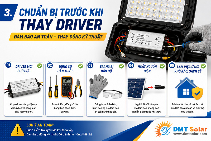 Chuẩn bị đầy đủ c&aacute;c dụng cụ cần thiết trước khi thay thế driver đ&egrave;n năng lượng mặt trời