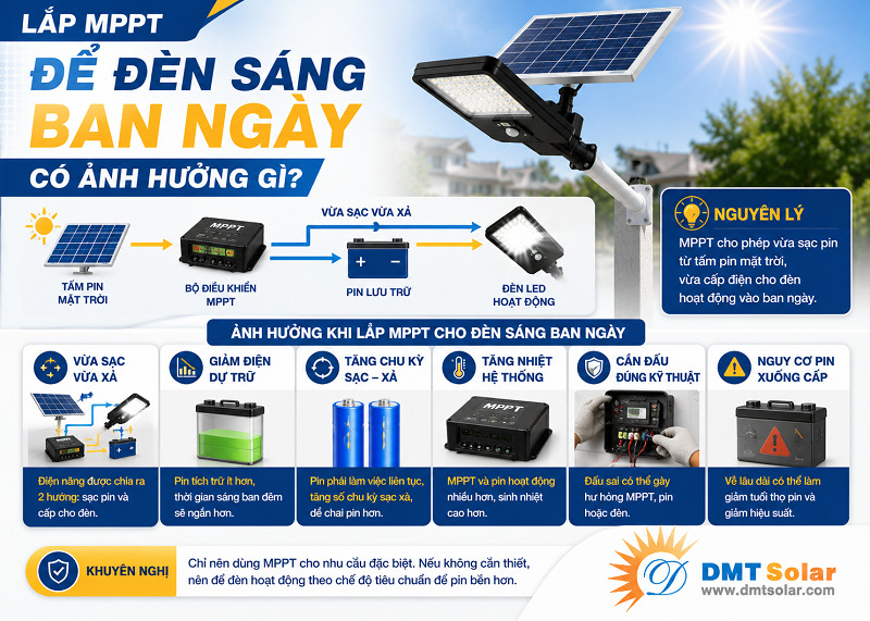 Lắp th&ecirc;m MPPT để đ&egrave;n s&aacute;ng v&agrave;o ban ng&agrave;y c&oacute; nguy cơ dẫn tới suy giảm tuổi thọ pin