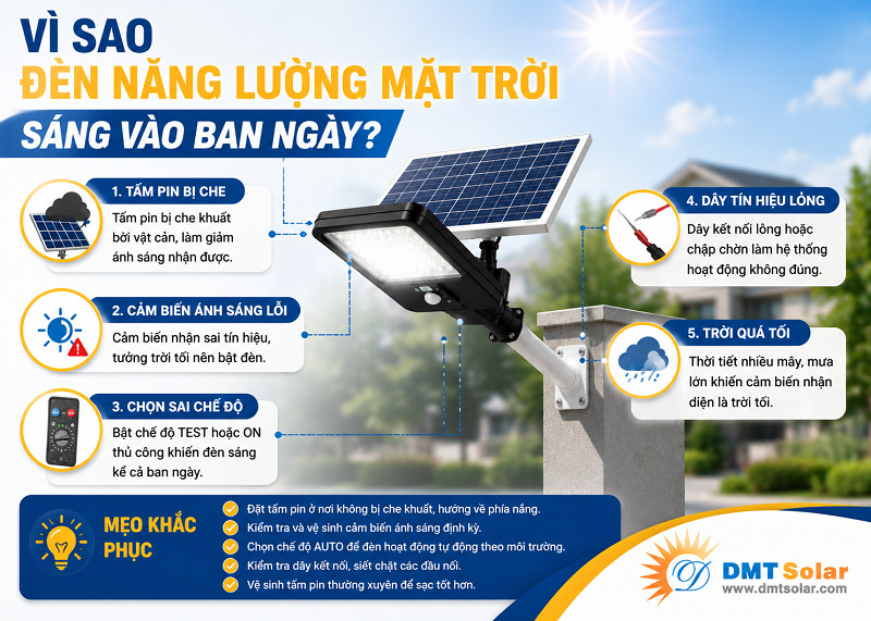 Đ&egrave;n năng lượng mặt trời s&aacute;ng v&agrave;o ban ng&agrave;y c&oacute; thể do cảm biến &aacute;nh s&aacute;ng bị lỗi