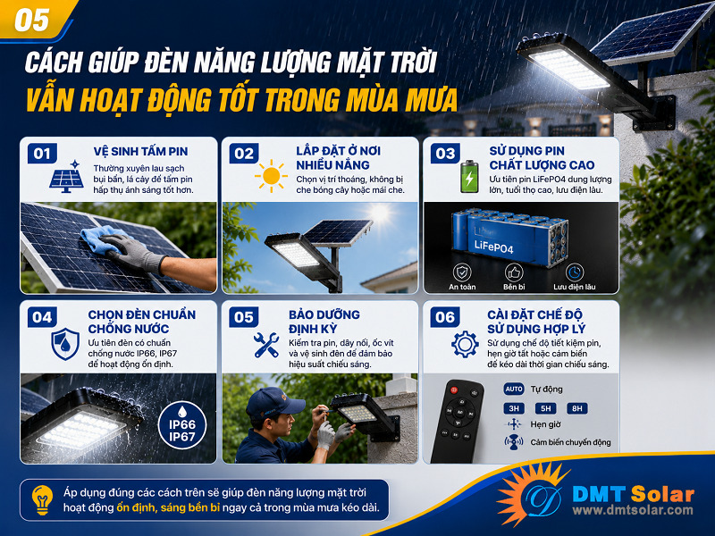C&aacute;ch gi&uacute;p đ&egrave;n năng lượng mặt trời vẫn hoạt động tốt trong m&ugrave;a mưa