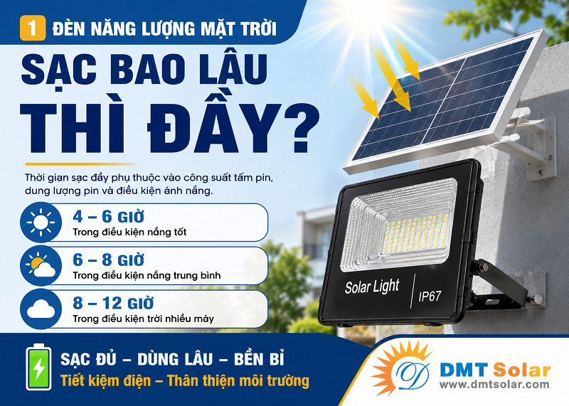 Đ&egrave;n năng lượng mặt trời sạc đầy pin sau 6 - 8 giờ